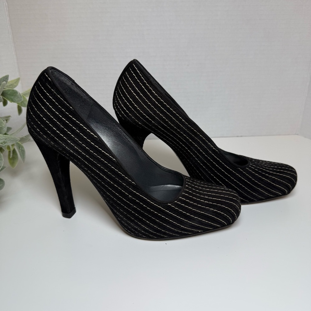 Stuart Weitzman Black & White Pinstripe Patterned Square Toe Pumps, Size 6
